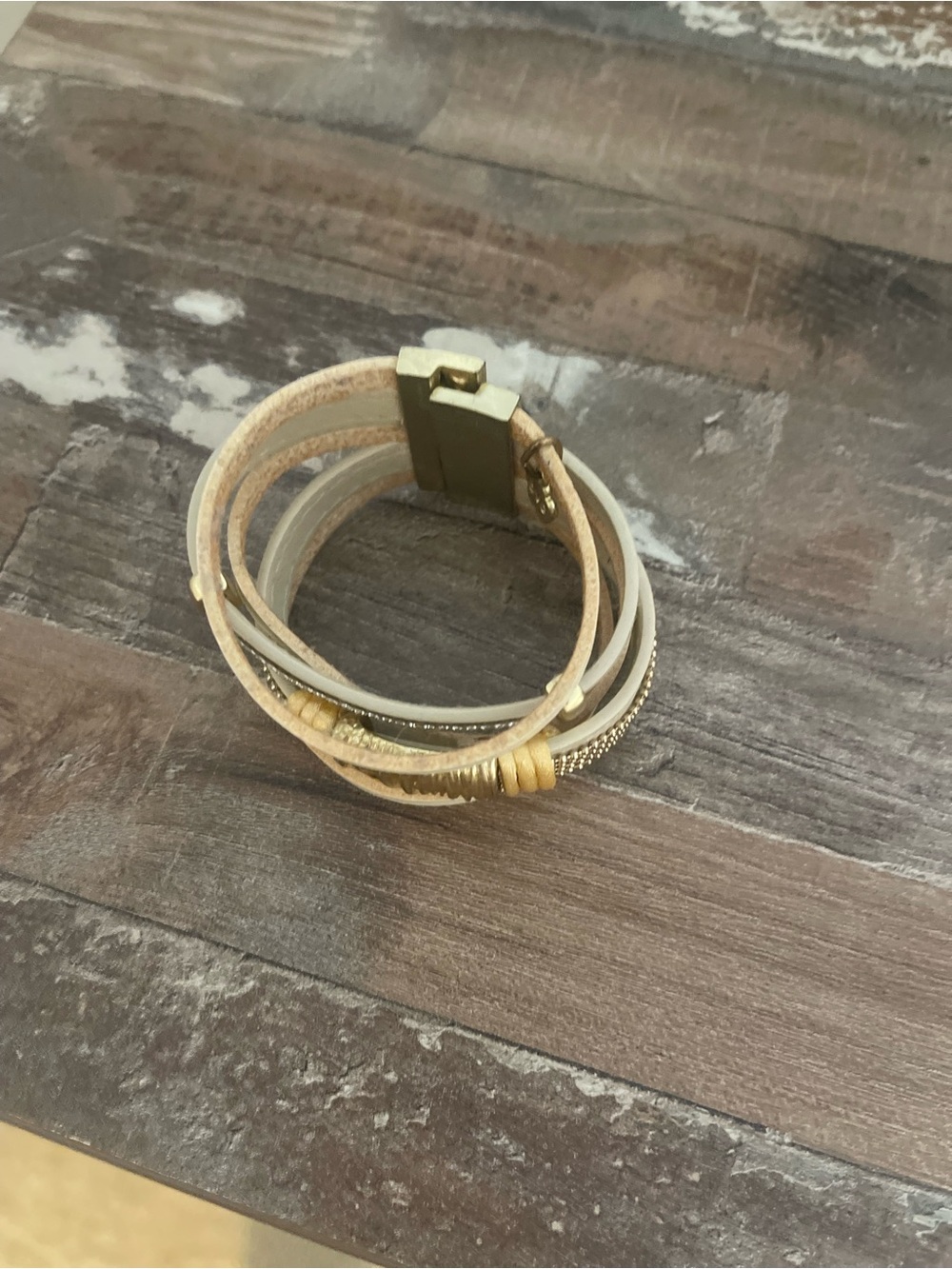 Cream & Gold Multi-Strand Wrap Bracelet with Magnetic Clasp